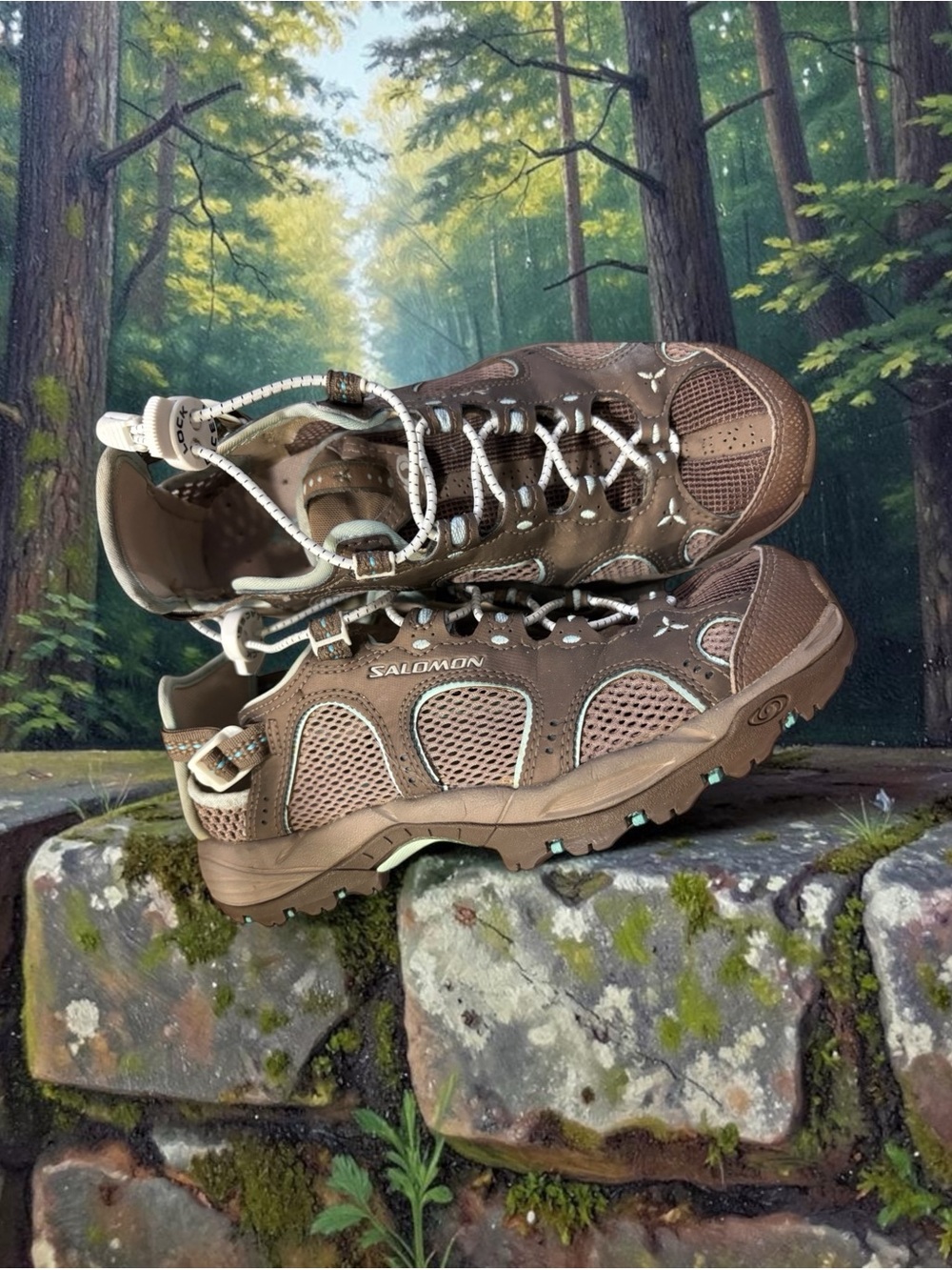 Salomon ContraGrip Trail Athletic Shoes, Brown Leather & Mesh, Aqua Trim size 8